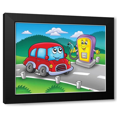 Red Car with Smiling Petrol Station Black Modern Wood Framed Art Print by Viskova, Klara