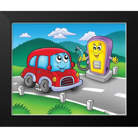 Red Car with Smiling Petrol Station Black Modern Wood Framed Art Print by Viskova, Klara