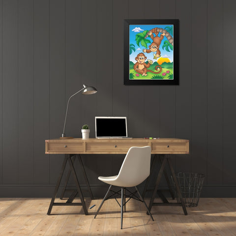 Happy Monkies Black Modern Wood Framed Art Print by Viskova, Klara