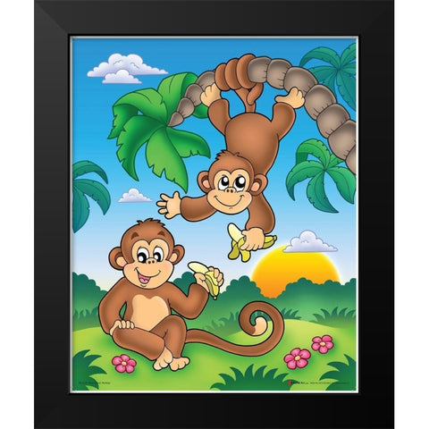 Happy Monkies Black Modern Wood Framed Art Print by Viskova, Klara