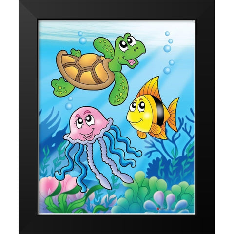 Happy Sea Animals Black Modern Wood Framed Art Print by Viskova, Klara