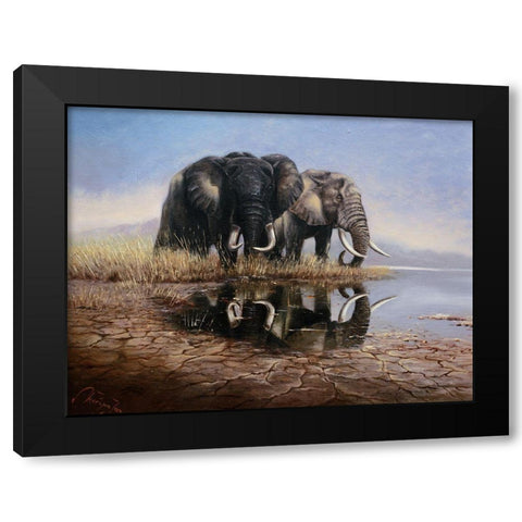 Two Elephants Black Modern Wood Framed Art Print by Skorepa, Jan