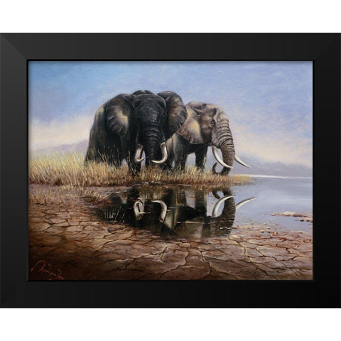 Two Elephants Black Modern Wood Framed Art Print by Skorepa, Jan
