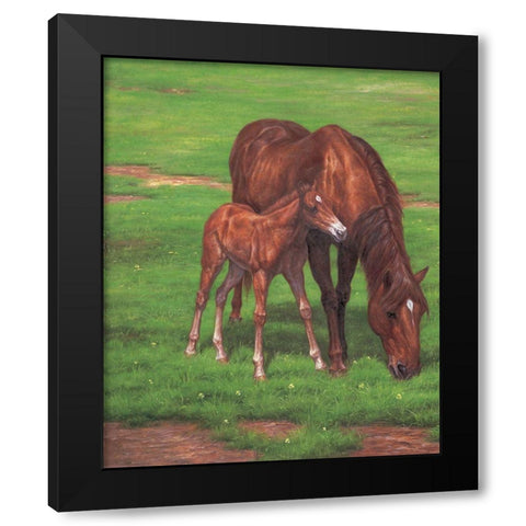 Mare with Foal Black Modern Wood Framed Art Print with Double Matting by Bizon, Vladimir