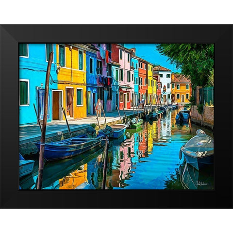 Boats with colorful Houses II Black Modern Wood Framed Art Print by Medeiros, Celito