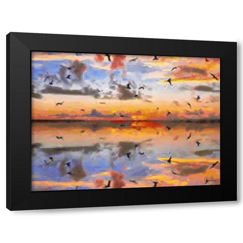 Sunset with Seagulls Black Modern Wood Framed Art Print by Medeiros, Celito