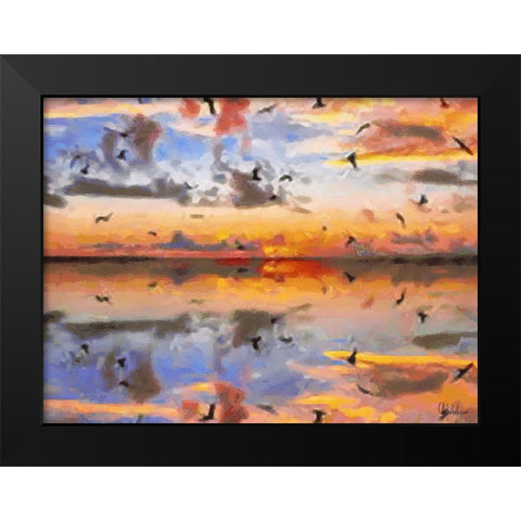 Sunset with Seagulls Black Modern Wood Framed Art Print by Medeiros, Celito