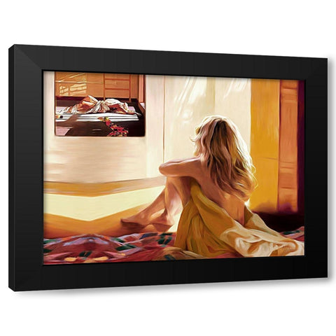 Blond Girl Sitting on the Bed Black Modern Wood Framed Art Print with Double Matting by Medeiros, Celito