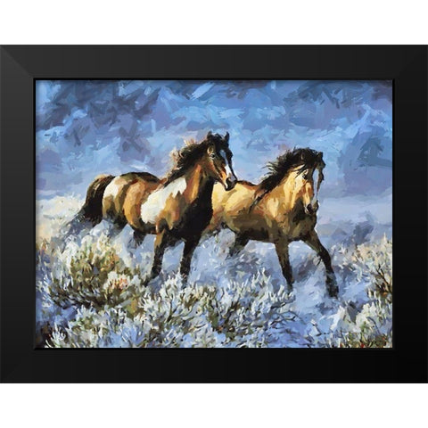 Running Horses in Snow Black Modern Wood Framed Art Print by Medeiros, Celito