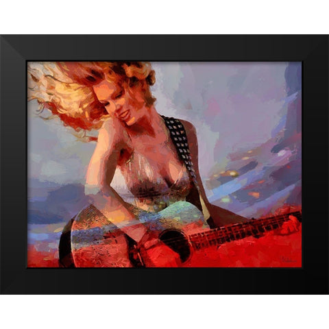 Girl with Guitare Black Modern Wood Framed Art Print by Medeiros, Celito