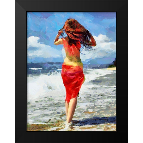 Girl on the Beach Black Modern Wood Framed Art Print by Medeiros, Celito