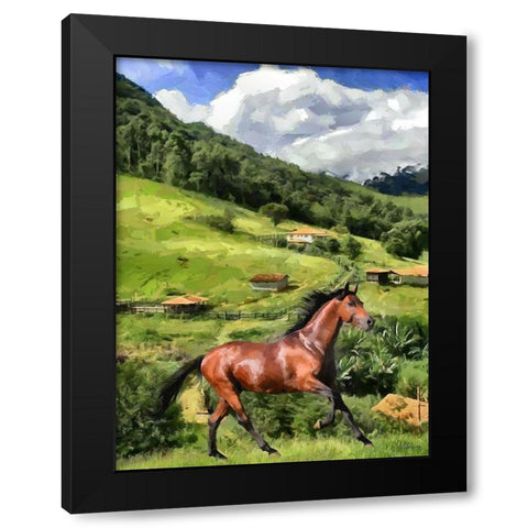 Running Horse in Countryside Black Modern Wood Framed Art Print by Medeiros, Celito