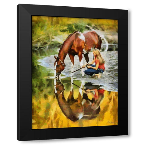 Girl with Drinking Horse Black Modern Wood Framed Art Print by Medeiros, Celito