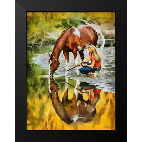 Girl with Drinking Horse Black Modern Wood Framed Art Print by Medeiros, Celito