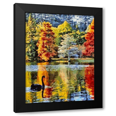 Black Swan with colorful Trees Black Modern Wood Framed Art Print by Medeiros, Celito