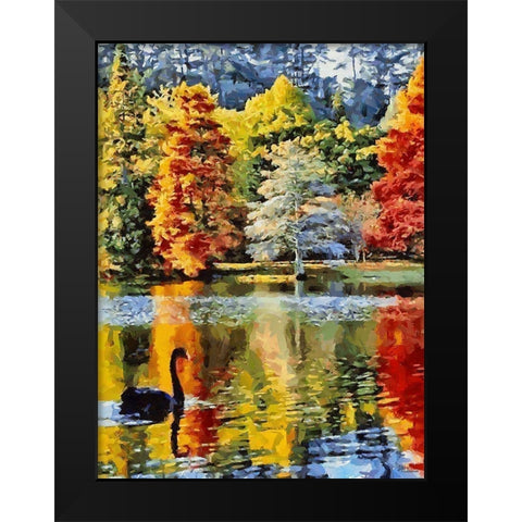 Black Swan with colorful Trees Black Modern Wood Framed Art Print by Medeiros, Celito