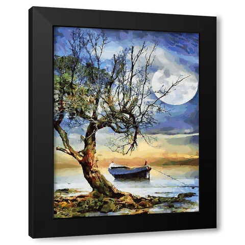 Boat, Tree and Moon Black Modern Wood Framed Art Print by Medeiros, Celito