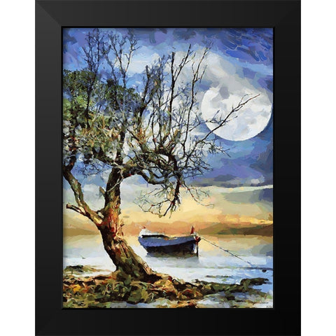 Boat, Tree and Moon Black Modern Wood Framed Art Print by Medeiros, Celito