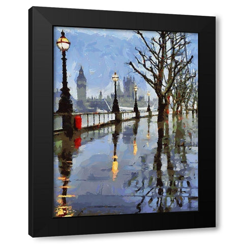 Rainy London Black Modern Wood Framed Art Print by Medeiros, Celito