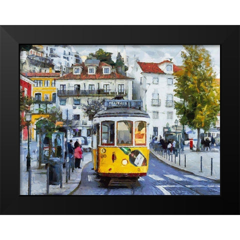 Yellow Tram Black Modern Wood Framed Art Print by Medeiros, Celito