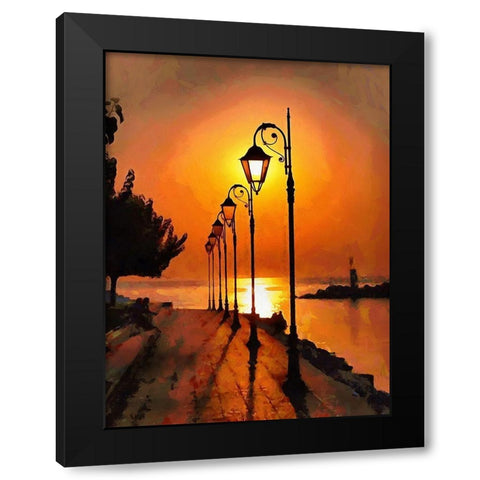 Lamps in the Harbor by Sunset Black Modern Wood Framed Art Print by Medeiros, Celito