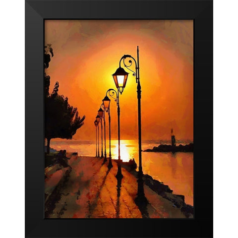 Lamps in the Harbor by Sunset Black Modern Wood Framed Art Print by Medeiros, Celito