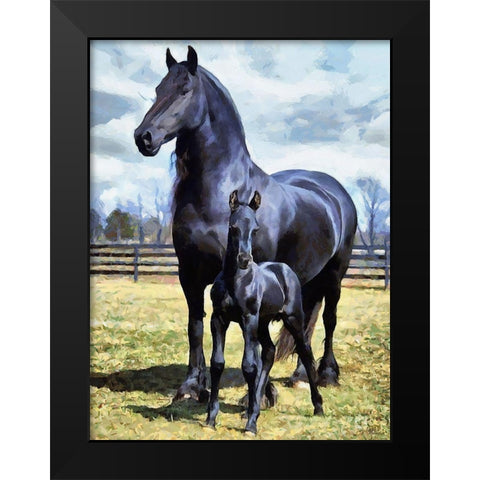 Mare with Foal Black Modern Wood Framed Art Print by Medeiros, Celito