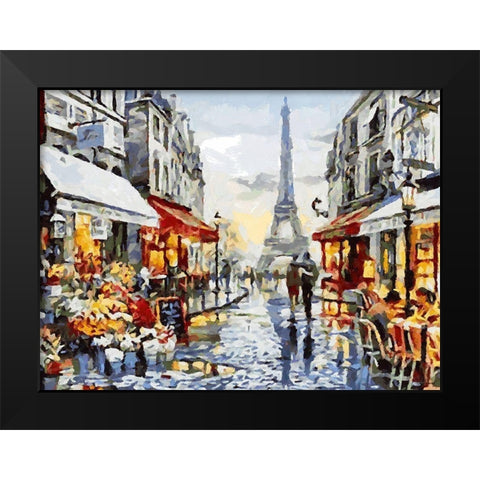 Eiffel Tower with Restaurants Black Modern Wood Framed Art Print by Medeiros, Celito