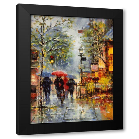 Lady with Red Umbrella and Dog Black Modern Wood Framed Art Print with Double Matting by Medeiros, Celito