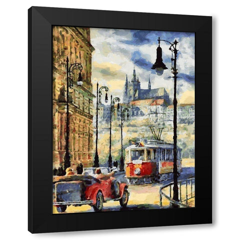 Tram in Prague Black Modern Wood Framed Art Print with Double Matting by Medeiros, Celito