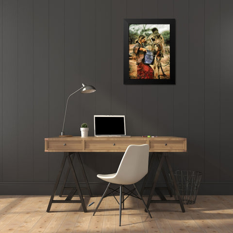 Girl feeding  Camel Black Modern Wood Framed Art Print by Medeiros, Celito