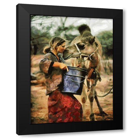 Girl feeding  Camel Black Modern Wood Framed Art Print by Medeiros, Celito