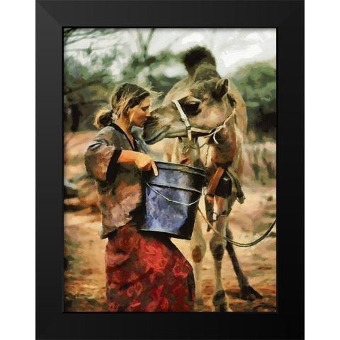Girl feeding  Camel Black Modern Wood Framed Art Print by Medeiros, Celito