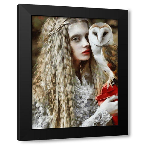 White Girl with Owl Black Modern Wood Framed Art Print by Medeiros, Celito
