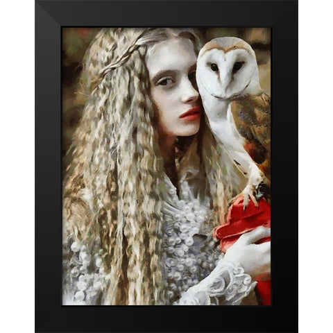 White Girl with Owl Black Modern Wood Framed Art Print by Medeiros, Celito