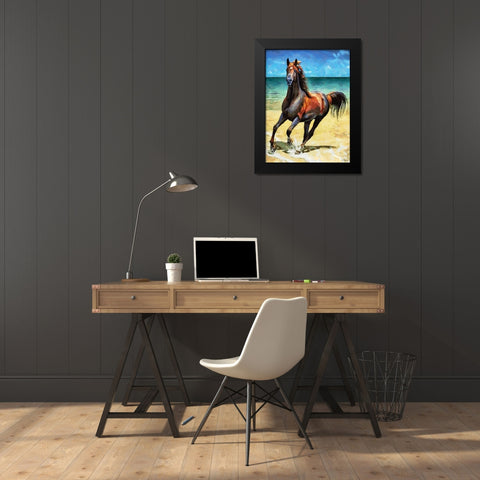 Horse on the Beach Black Modern Wood Framed Art Print by Medeiros, Celito