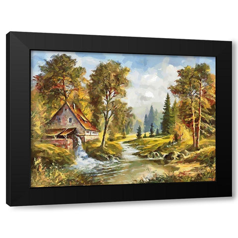 An Old Mill with Watterfall Black Modern Wood Framed Art Print by Medeiros, Celito