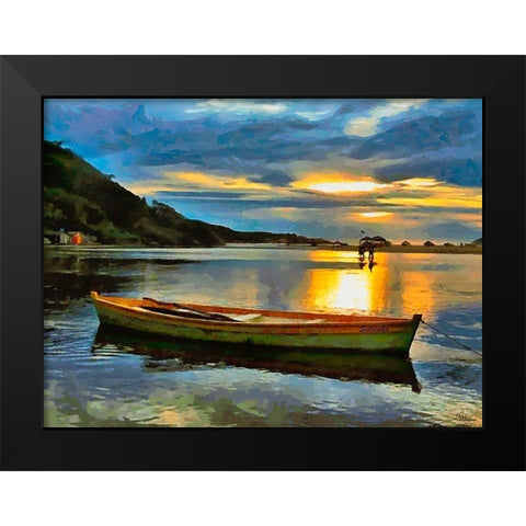 Sunset with green Boat Black Modern Wood Framed Art Print by Medeiros, Celito