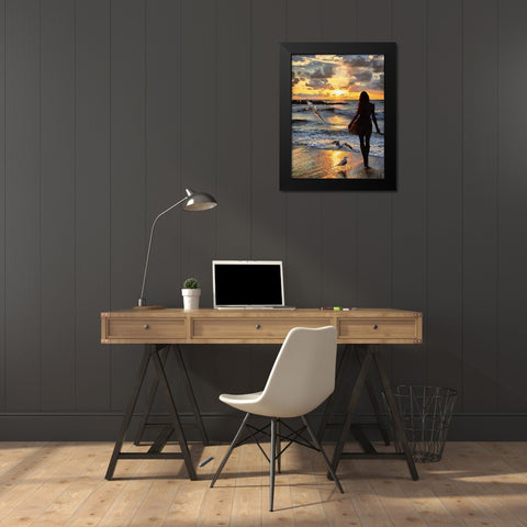 Girl with Seagulls Black Modern Wood Framed Art Print by Medeiros, Celito