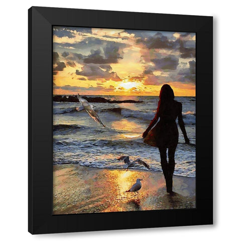 Girl with Seagulls Black Modern Wood Framed Art Print by Medeiros, Celito