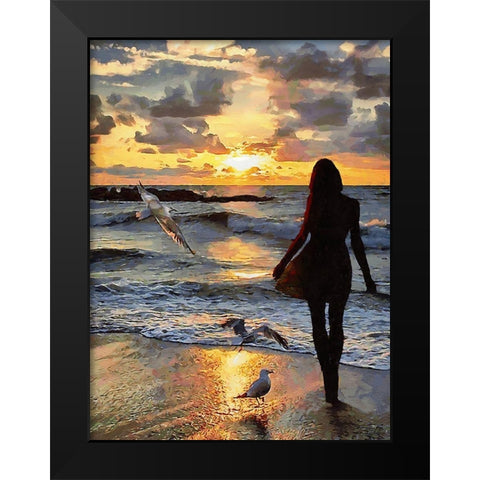 Girl with Seagulls Black Modern Wood Framed Art Print by Medeiros, Celito