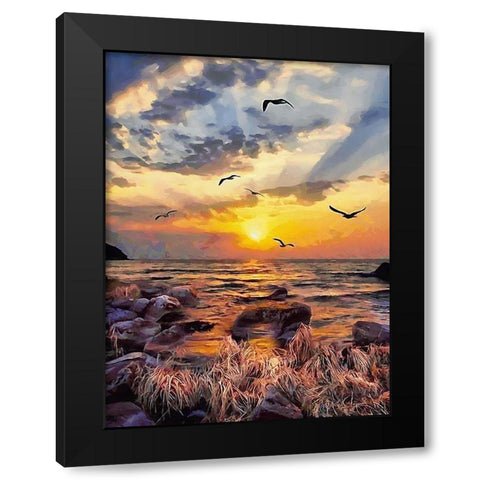 Seagulls by Sunset Black Modern Wood Framed Art Print with Double Matting by Medeiros, Celito