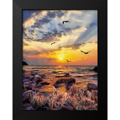 Seagulls by Sunset Black Modern Wood Framed Art Print by Medeiros, Celito