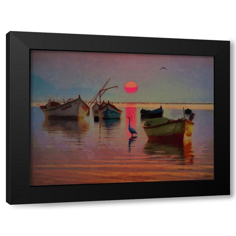 Boats with pink Sun Black Modern Wood Framed Art Print with Double Matting by Medeiros, Celito