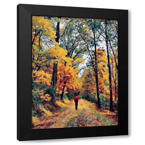 Autumn Walk with Red Umbrella Black Modern Wood Framed Art Print by Medeiros, Celito