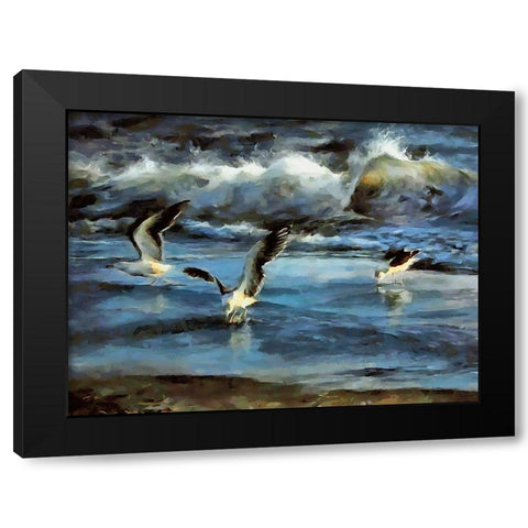 Seagulls ont the Beach Black Modern Wood Framed Art Print by Medeiros, Celito