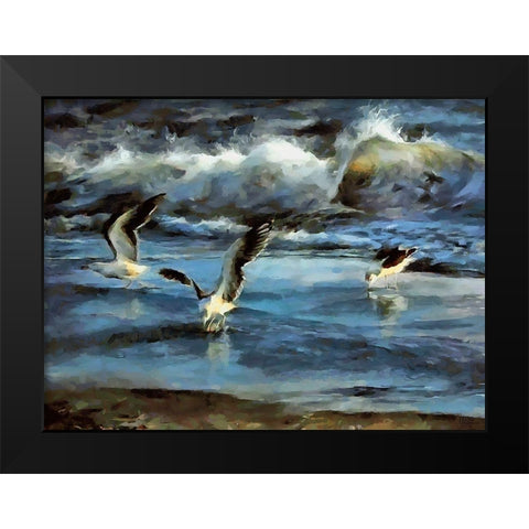 Seagulls ont the Beach Black Modern Wood Framed Art Print by Medeiros, Celito