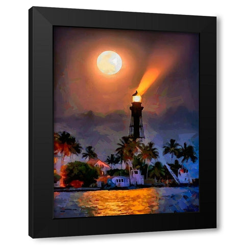 Lighthouse with Full Moon Black Modern Wood Framed Art Print by Medeiros, Celito