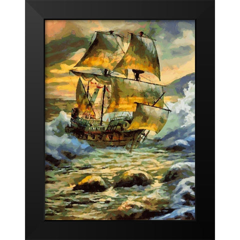 Boat Santa Maria VI Black Modern Wood Framed Art Print by Medeiros, Celito