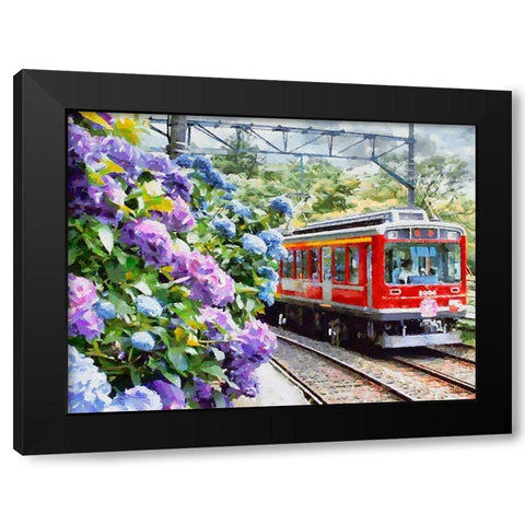 Red Train with Hydrangea Black Modern Wood Framed Art Print with Double Matting by Medeiros, Celito